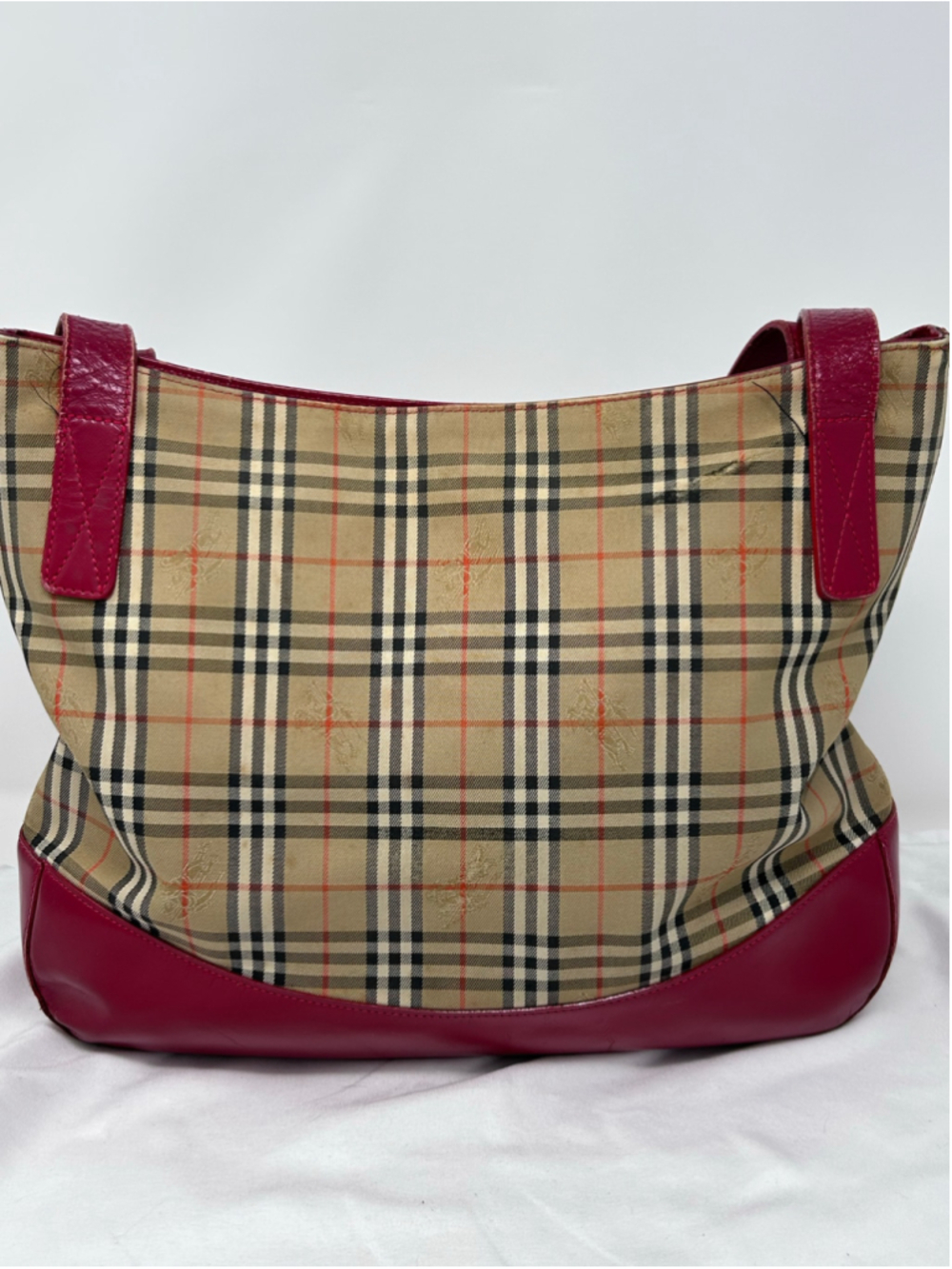 Burberry Haymarket Check Red Leather Canvas Shoulder Tote Bag